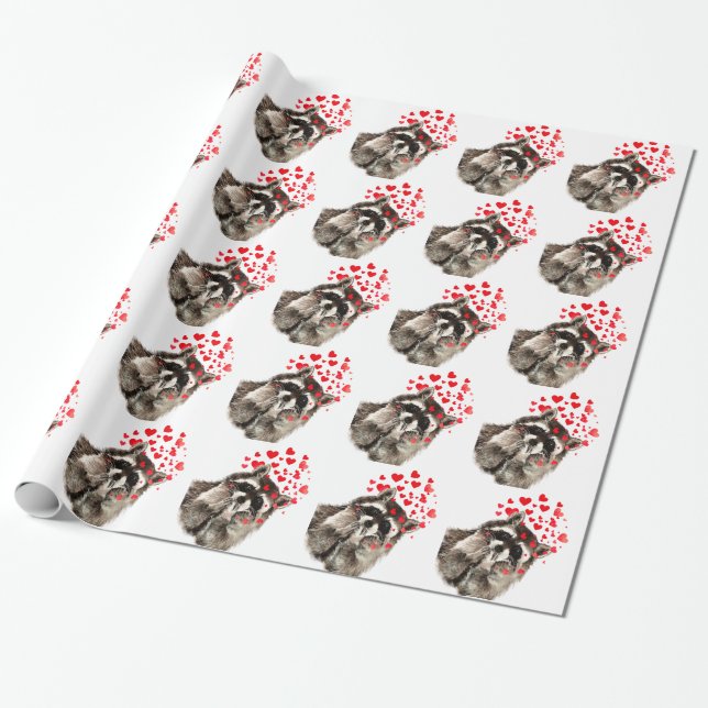 Watercolor Raccoon Animal Nature Funny Love Hearts Wrapping Paper (Unrolled)