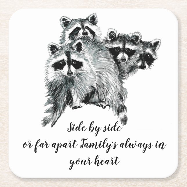 Watercolor Raccoon Family  Inspirational Family Qu Square Paper Coaster (Front)