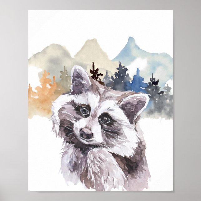 Watercolor Raccoon Forest Nursery Child Woodland Poster (Front)
