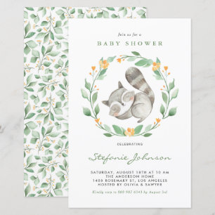 Watercolor Raccoon Greenery Baby Shower Invitation