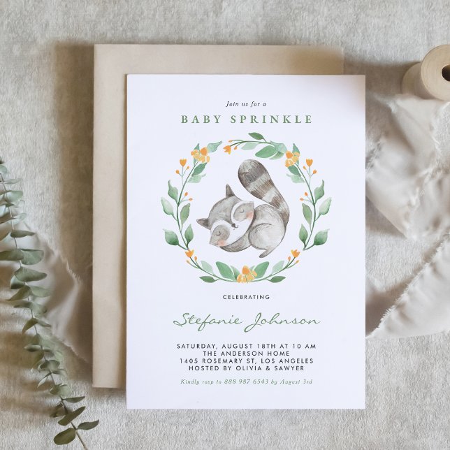 Watercolor Raccoon Wreath Greenery Baby Sprinkle Invitation (Creator Uploaded)
