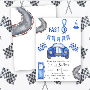 Watercolor Race Car First Birthday Fast One Invitation