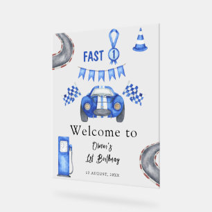 Watercolor Race Car First Birthday Party Welcome Acrylic Sign