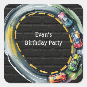 Watercolor Race Track Boys Birthday Party Square Sticker
