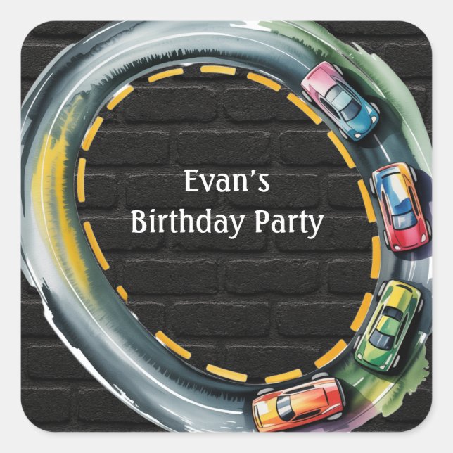 Watercolor Race Track Boys Birthday Party Square Sticker (Front)
