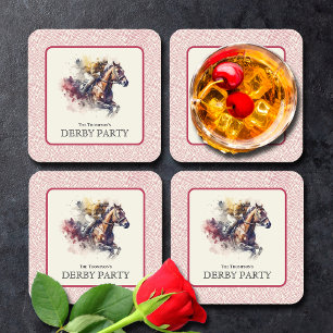 Watercolor Racehorse Derby Red Square Paper Coaster
