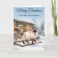 Watercolor Ragdoll Cat Winter Cabin Christmas