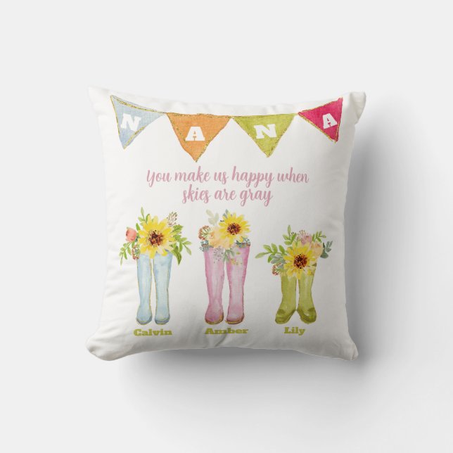 Watercolor Rain Boot Three Grandkids Nana Quote Throw Pillow (Front)