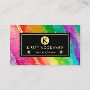 Watercolor Rainbow and Gold Glitter Alcohol Ink Business Card