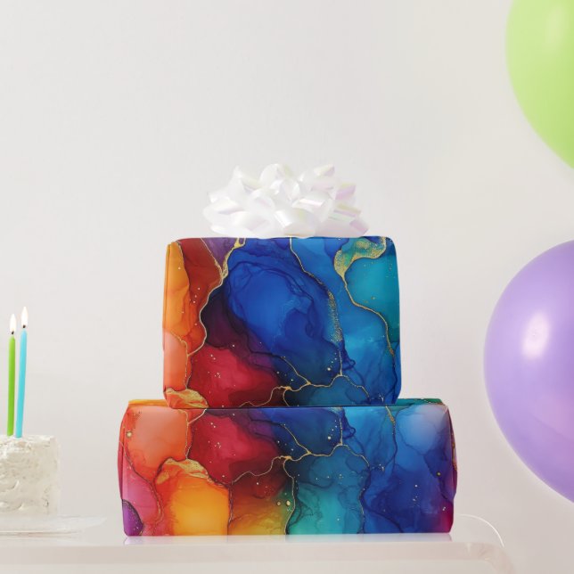 Watercolor Rainbow and Gold Glitter Alcohol Ink Wrapping Paper (Party Gifts)