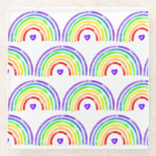 Watercolor Rainbow and Hearts Glass Coaster