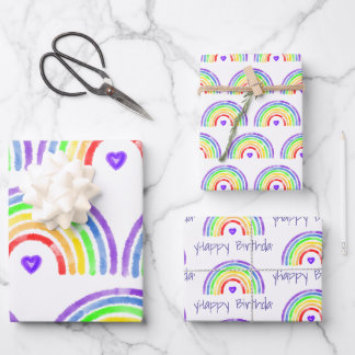 Watercolor Rainbow and Hearts Happy Birthday Wrapping Paper Sheet