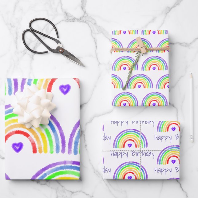 Watercolor Rainbow and Hearts Happy Birthday Wrapping Paper Sheet (Front)