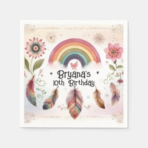 Watercolor Rainbow Bird & Feathers Boho Birthday Napkin