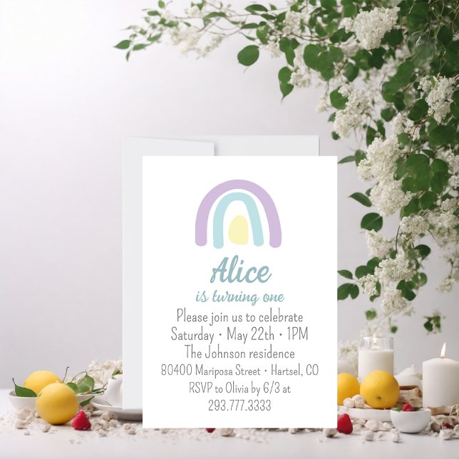 Watercolor rainbow blue lilac yellow  1st Birthday Invitation (Creator Uploaded)