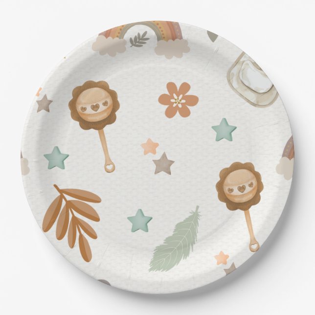 Watercolor Rainbow Boho Gender Neutral Baby Shower Paper Plate (Front)