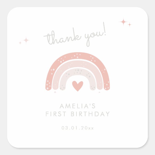 Watercolor Rainbow Boho Pink First Birthday Favour Square Sticker (Front)