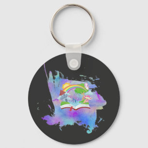 Watercolor Rainbow Book Button Keychain