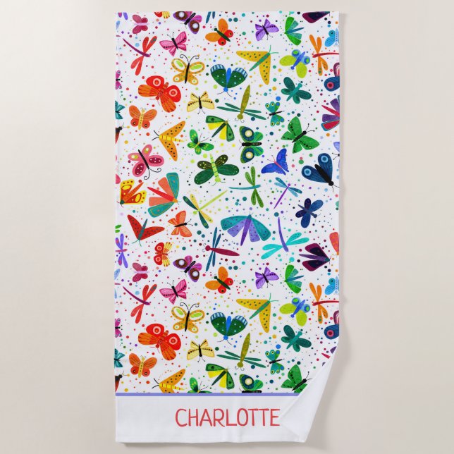 Watercolor Rainbow Butterflies Kids Personalized Beach Towel (Front)