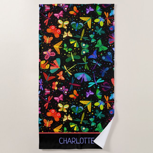 Watercolor Rainbow Butterflies Kids Personalized Beach Towel (Front)