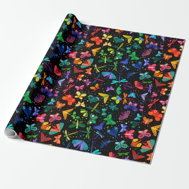 Watercolor Rainbow Butterflies Kids Wrapping Paper (Unrolled)