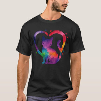 Watercolor Rainbow Cat with Heartail retro girl T-Shirt