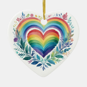 WATERCOLOR RAINBOW COLORED HEARTS CERAMIC ORNAMENT