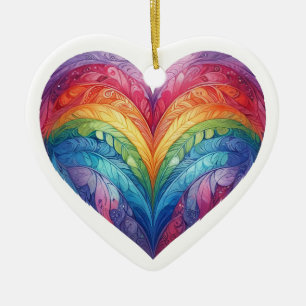 WATERCOLOR RAINBOW COLORED HEARTS CERAMIC ORNAMENT