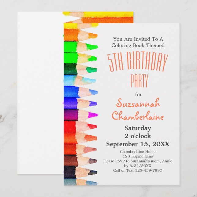 Watercolor Rainbow Coloured Pencils Kids Party Invitation (Front/Back)