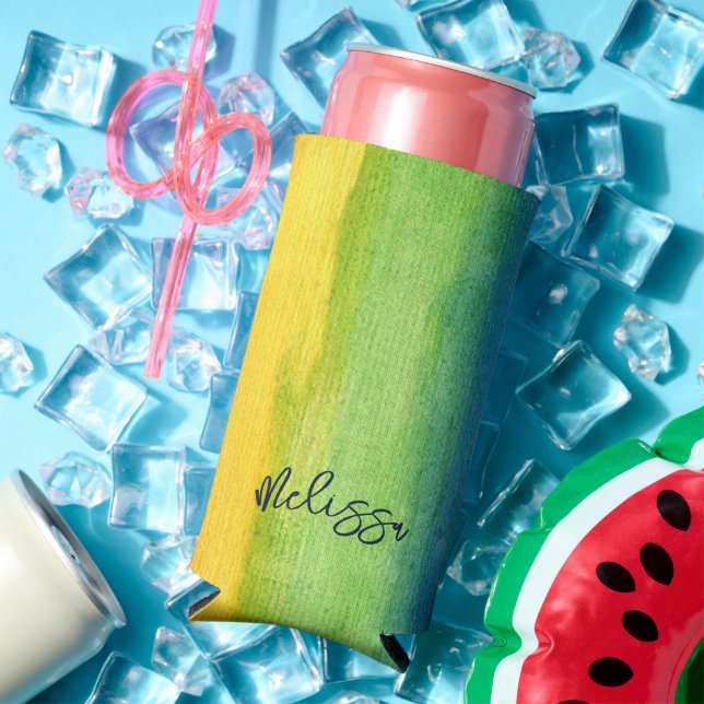 Watercolor Rainbow Colourful Personalized Keepsake Seltzer Can Cooler (In Situ Summer)