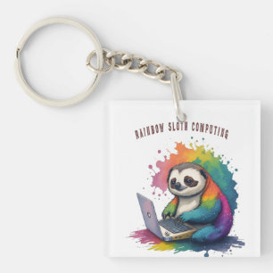 Watercolor Rainbow Cute Sloth Computing Keychain