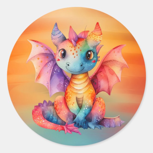 Watercolor Rainbow Dragon Baby Shower Classic Round Sticker (Front)