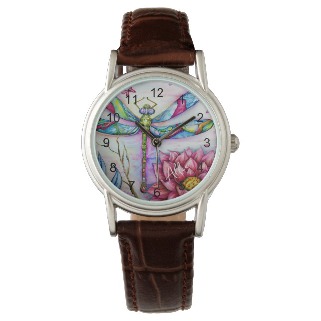 Watercolor Rainbow Dragonfly, Personalize Watch (Front)