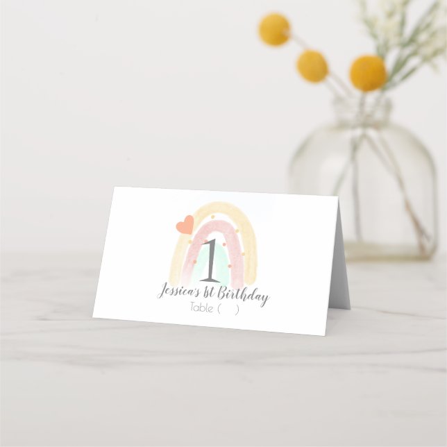 Watercolor Rainbow First Birthday Party Place Card (Front)