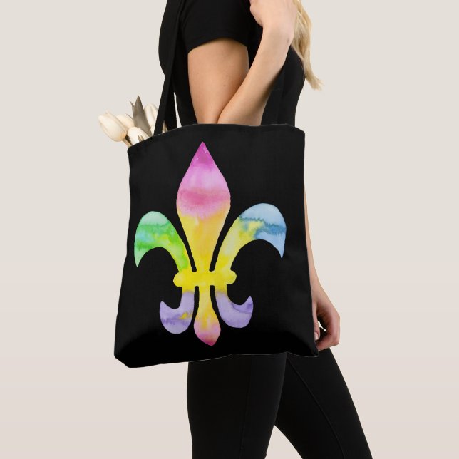 Watercolor Rainbow Fleur de Lis on Black Tote Bag (Close Up)
