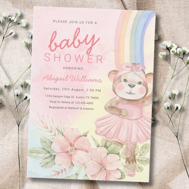 Watercolor rainbow floral ballet bear baby shower invitation (Creator Uploaded)