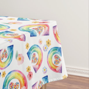 Watercolor Rainbow Floral Party Tablecloth