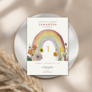 Watercolor Rainbow Flowers 1st Birthday Party Invitation