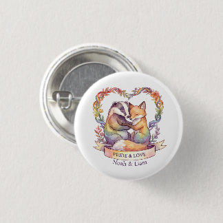 Watercolor Rainbow Fox & Badger Pride Personalized 1 Inch Round Button