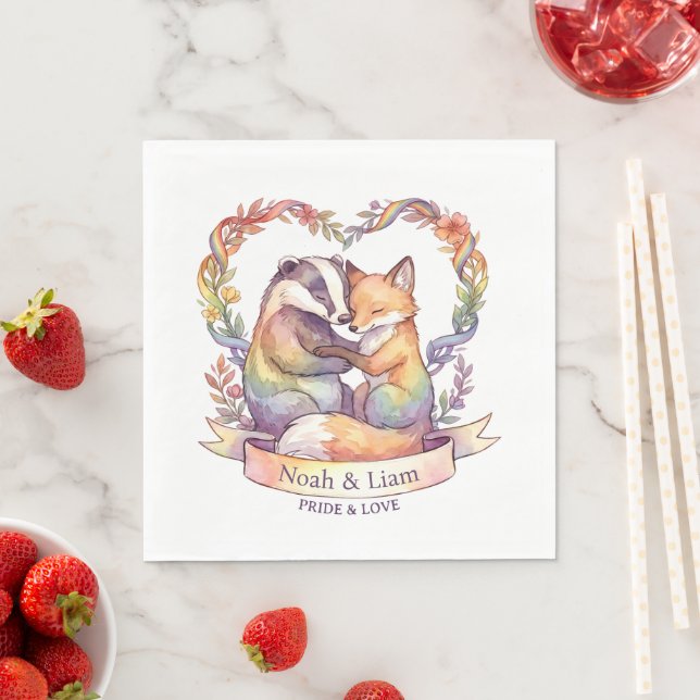 Watercolor Rainbow Fox & Badger Pride Personalized Napkin (Insitu)