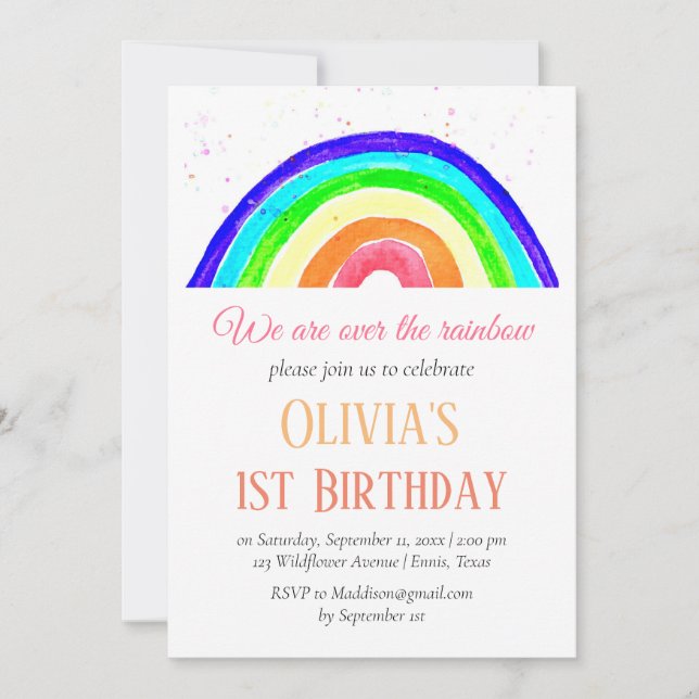 Watercolor Rainbow Girly First Birthday Birthday  Invitation (Front)
