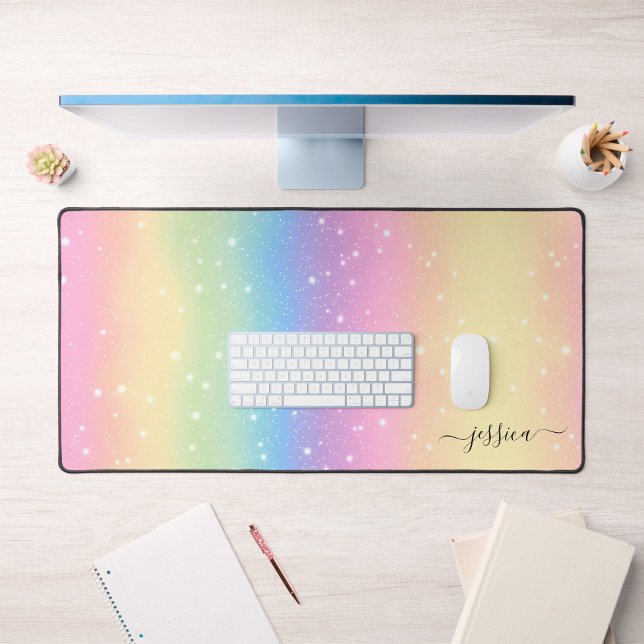 Watercolor Rainbow Glitter Pink Yellow Green Blue Desk Mat (Creator Uploaded)