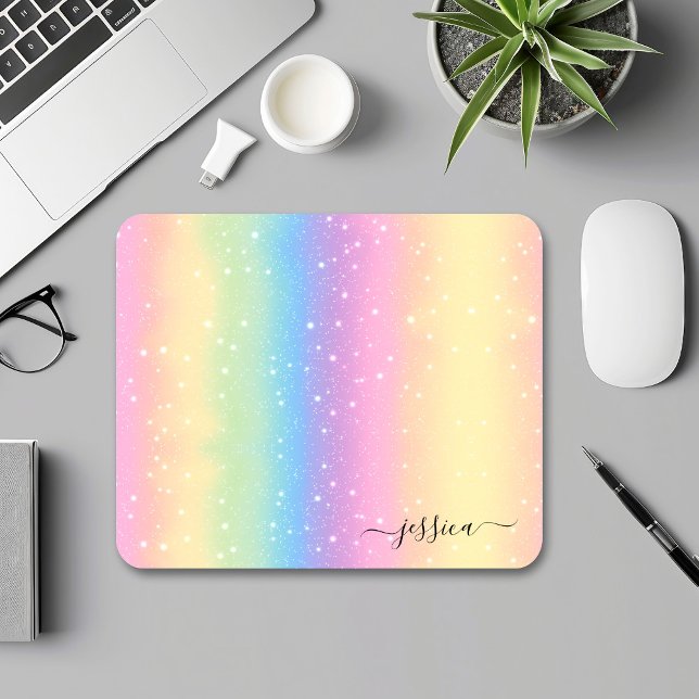 Watercolor Rainbow Glitter Pink Yellow Green Blue Mouse Pad (Creator Uploaded)