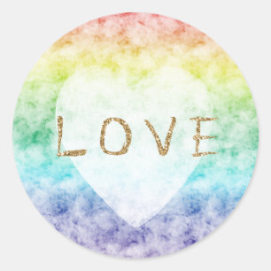 Watercolor Rainbow Gold Glitter Love Heart Classic Round Sticker