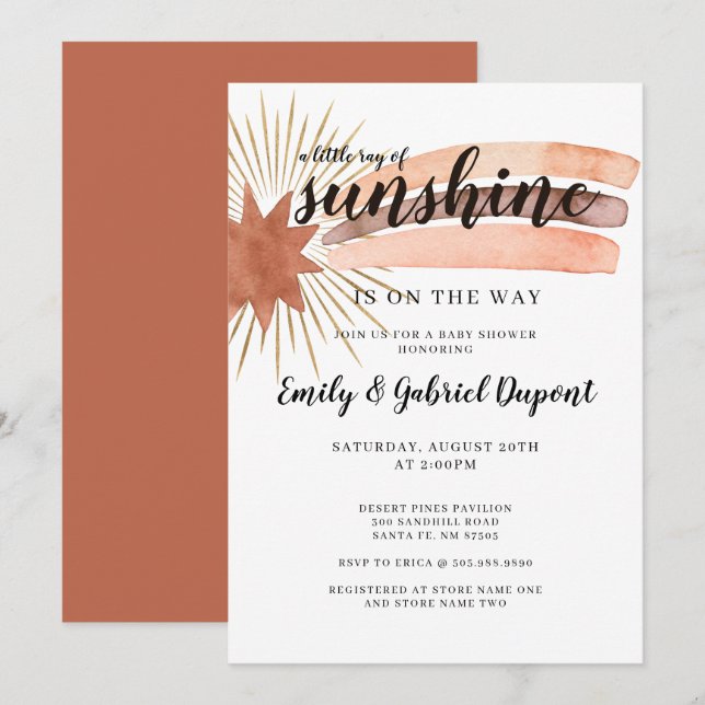 Watercolor Rainbow Gold Sun Rays Baby Shower Invitation (Front/Back)
