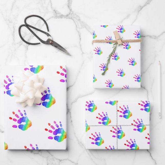 Watercolor Rainbow Handprint Pattern Colourful Fun Wrapping Paper Sheet (Front)