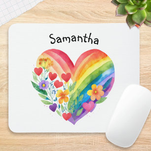 Watercolor Rainbow Heart & Flowers Personalized Mouse Pad