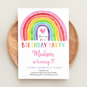 Watercolor Rainbow Heart Girl First Birthday Invitation