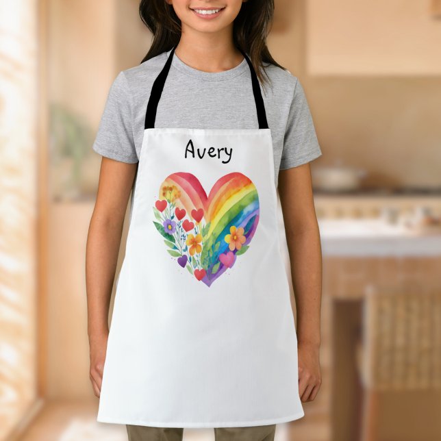Watercolor Rainbow Heart Personalized Apron (A personalized apron with floral rainbow heart design in a watercolor style, on a white background)