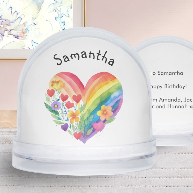 Watercolor Rainbow Heart Personalized Birthday Snowglobe (A personalized snow globe with rainbow heart in a watercolor style, with custom message on the back)